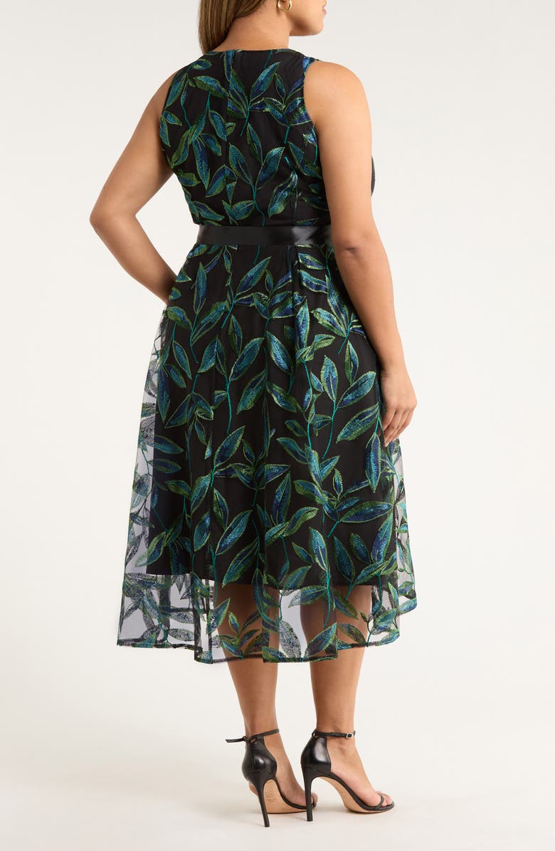 Tahari ASL Embroidered Tie Waist Sleeveless Midi Dress, Alternate, color, Black Jewel Teal