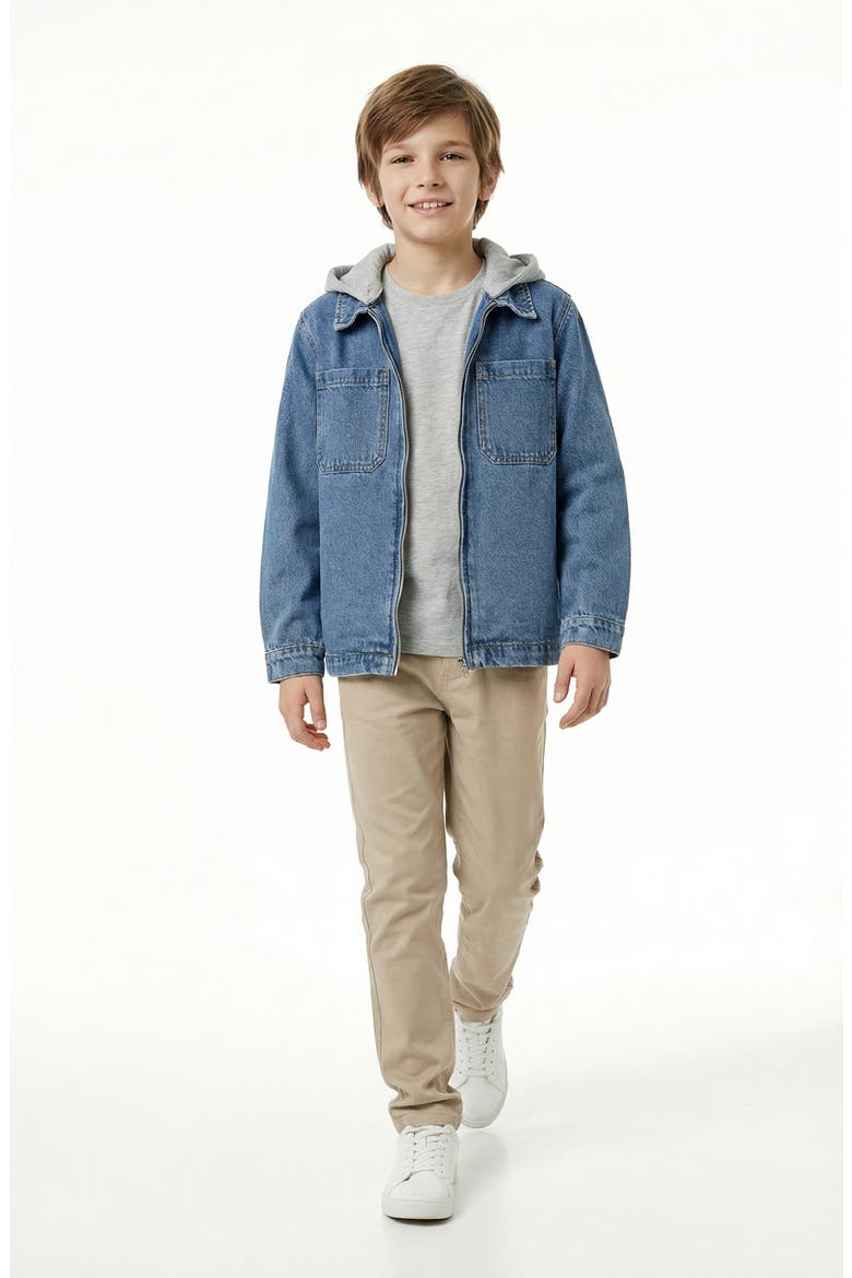 Kids Denim Trucker Jacket with Removable Hood (Big Kid0, Alternate, color, MEDIUM WASH