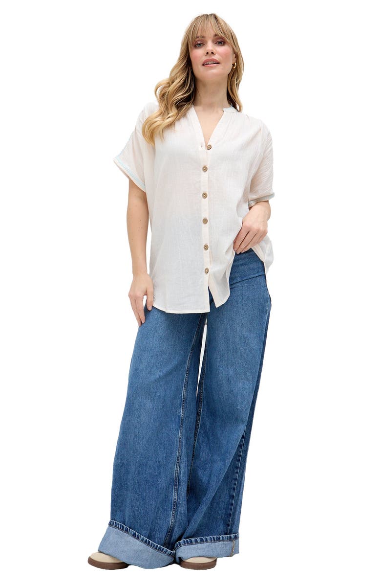 Raffya Juneeta Crop Sleeve Button Down Shirt, Alternate, color, Cream