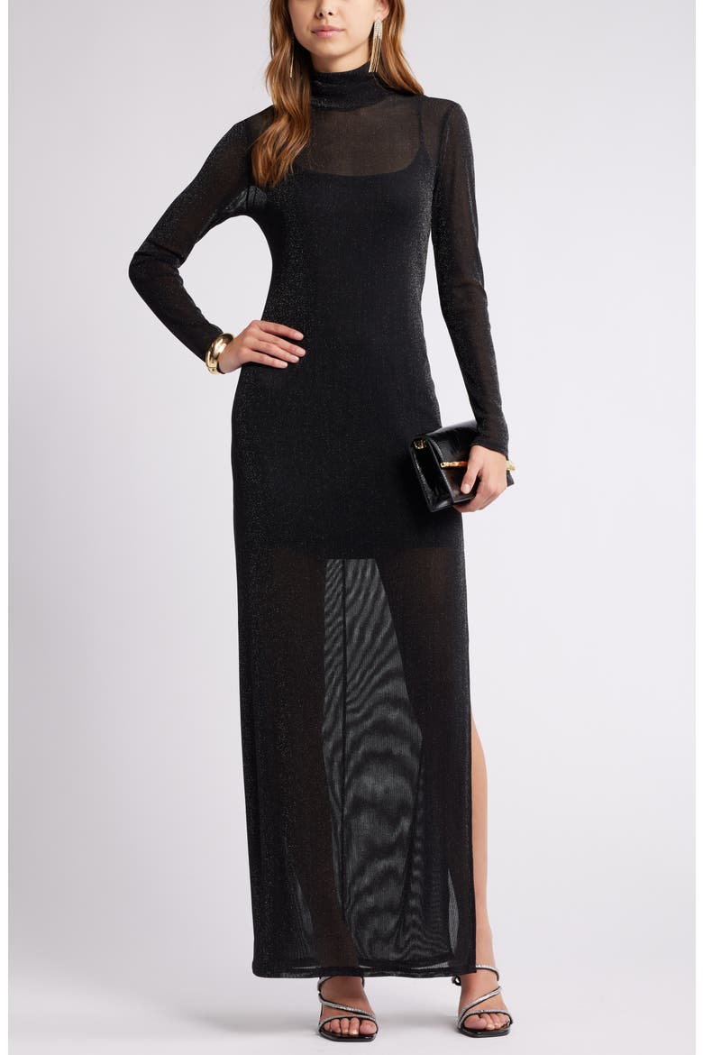 Metallic Long Sleeve Stretch Mesh Maxi Dress, Alternate, color, BLACK-SILVER