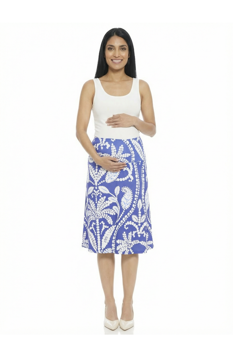 24seven Comfort Apparel Maternity Paisley Elastic Waist Knee Length A-Line Skirt, Main, color, Blue Multi