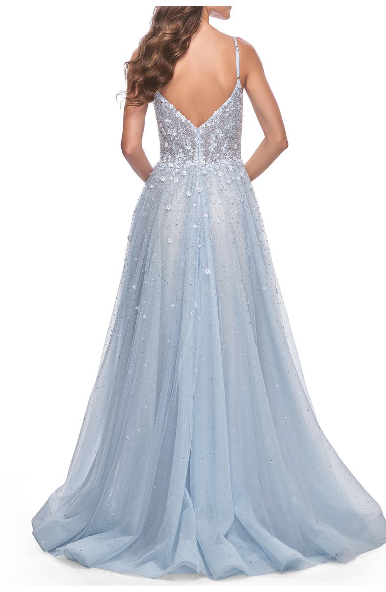 La Femme A-Line Tulle Gown with Unique Floral and Rhinestone Details, Alternate, color, Light Blue
