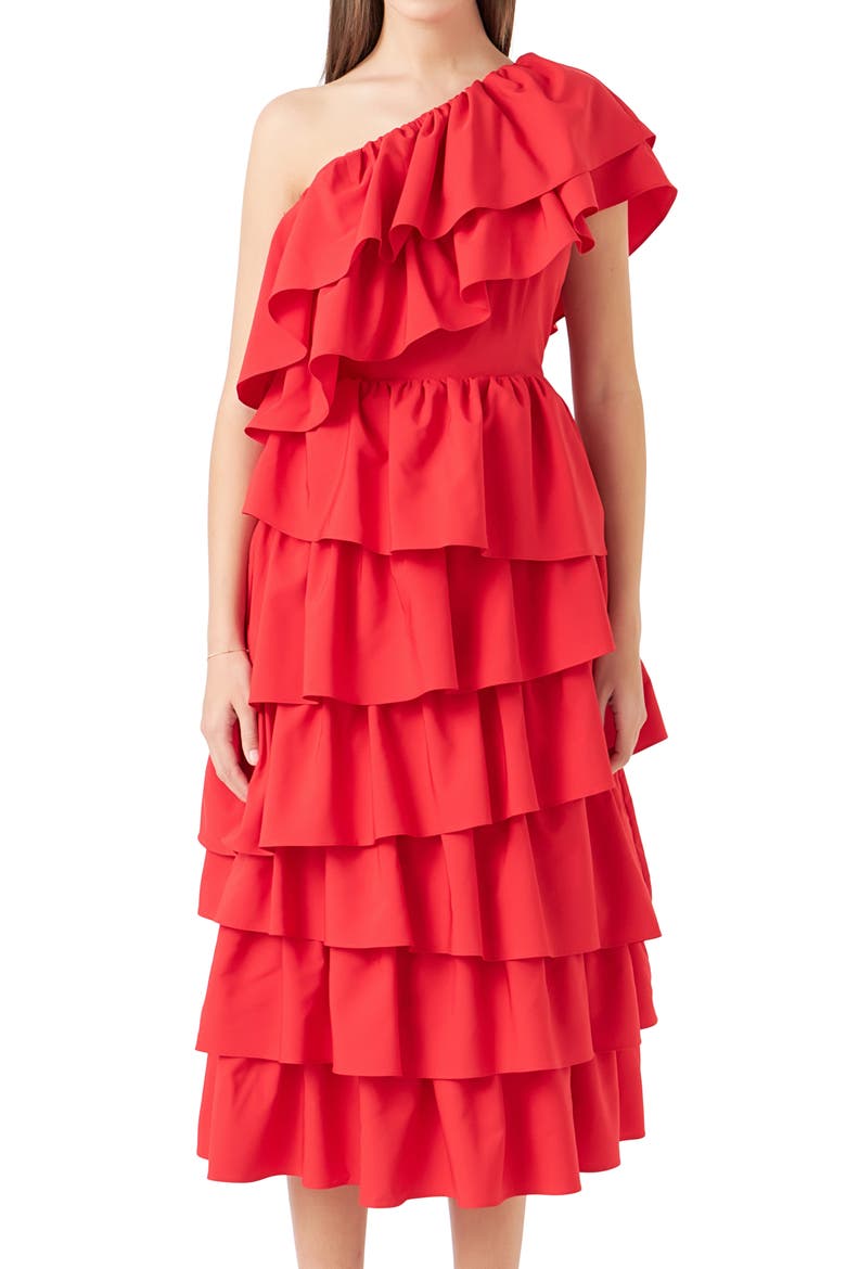 Ruffle One-Shoulder Tiered Ruffle Midi Dress, Alternate, color, RED