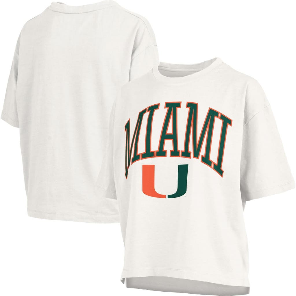 PRESSBOX PRESSBOX WHITE MIAMI HURRICANES NELSON ARCH OVER LOGO WAIST LENGTH OVERSIZED SLUB T-SHIRT