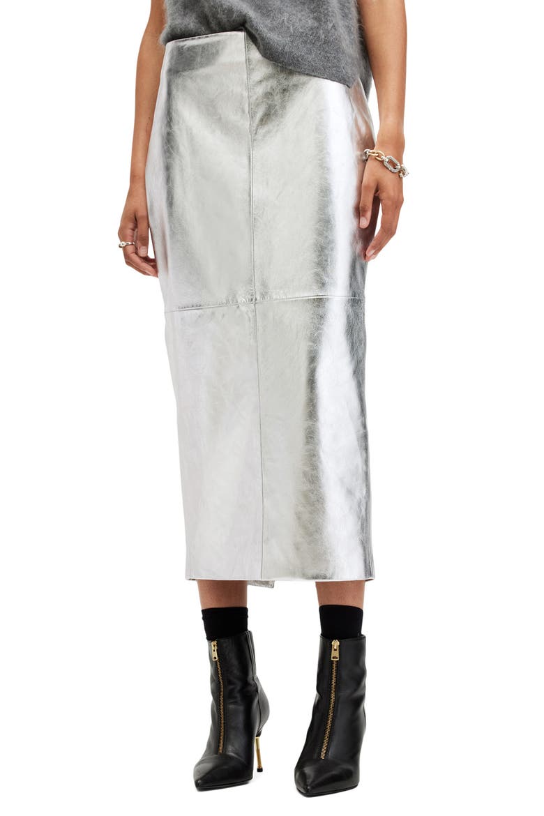 Renai Metallic Leather Midi Skirt, Main, color, SILVER