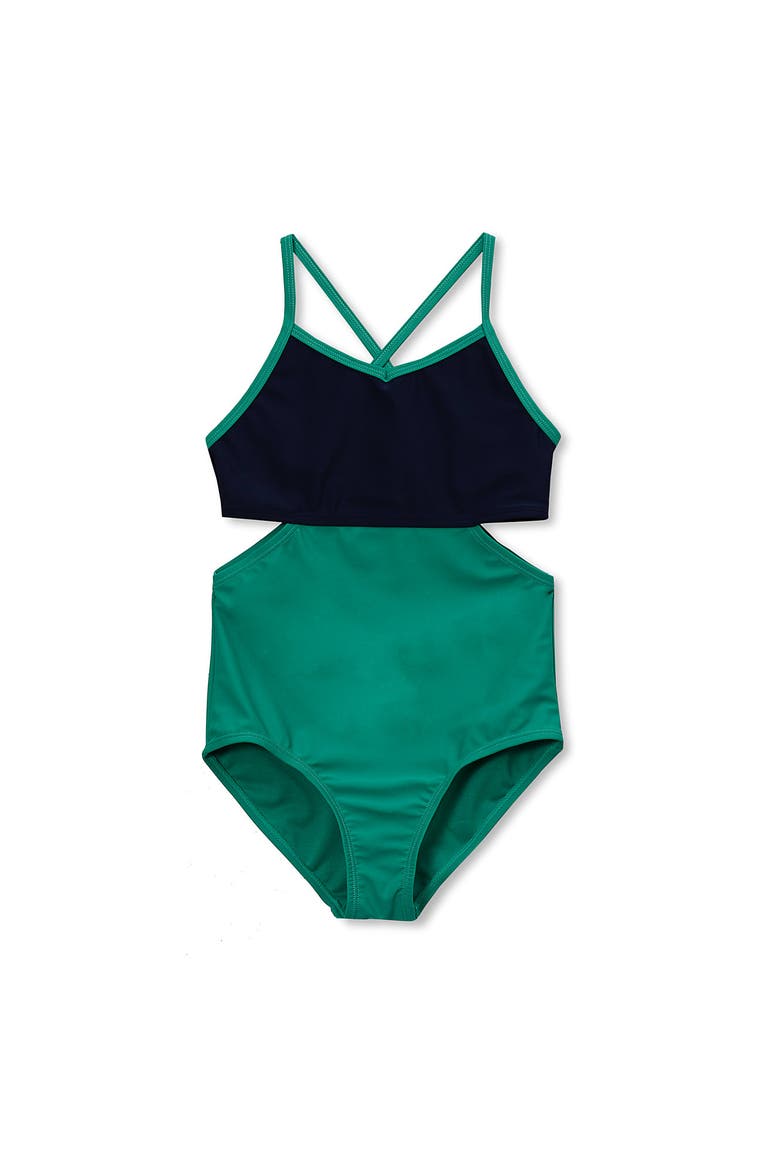Girls Wrap Seersucker One Piece Swimsuit, Main, color, Navy/Green Colorblock