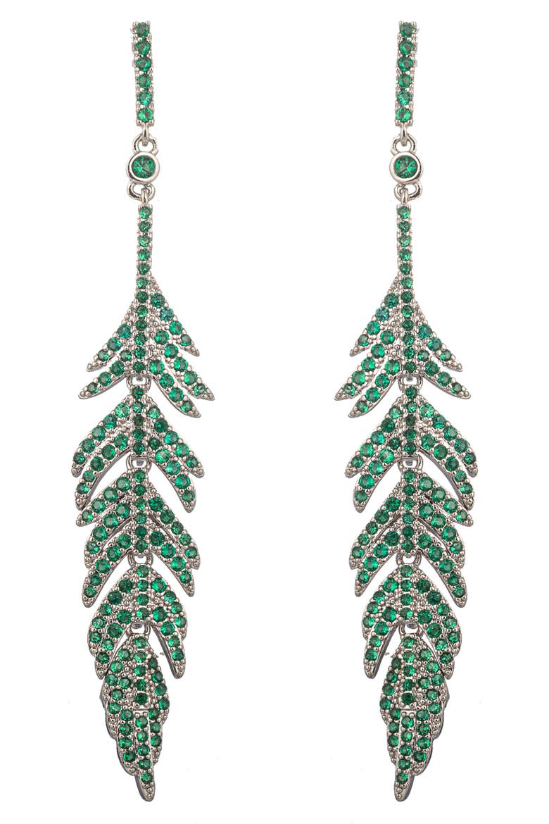 Feather CZ Drop Earrings, Main, color, GREEN