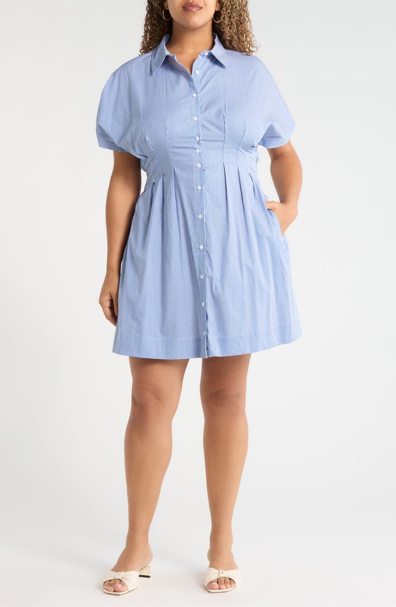 SUGARLIPS Pleated Dolman Sleeve Cotton Minidress, Main, color, Blue-White