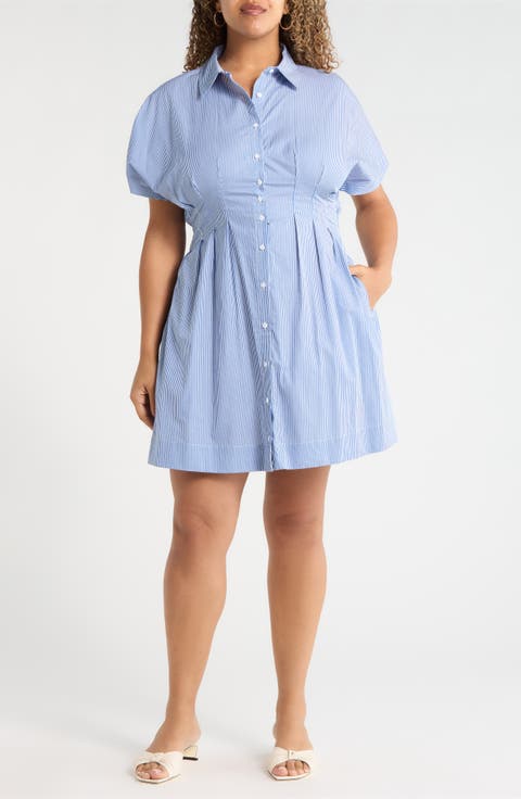 Pleated Dolman Sleeve Cotton Minidress (Plus)