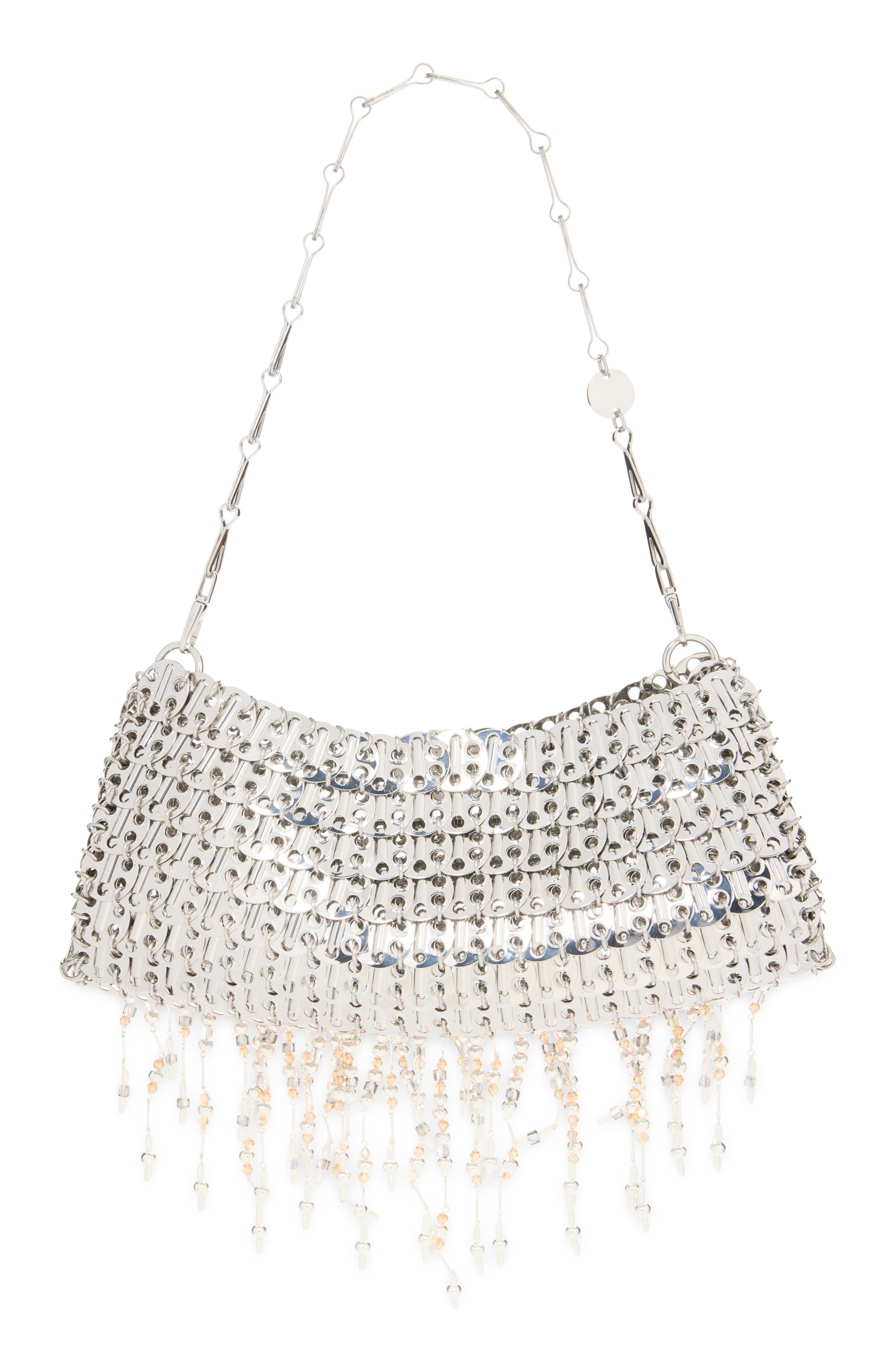 1969 Beaded & Faux Pearl Fringe Shoulder Bag, Alternate, color, NACRE / GRIS