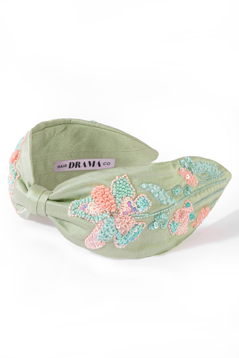 Flora Embellished Knotted Hair Band - Sage, Alternate, color, Light Green