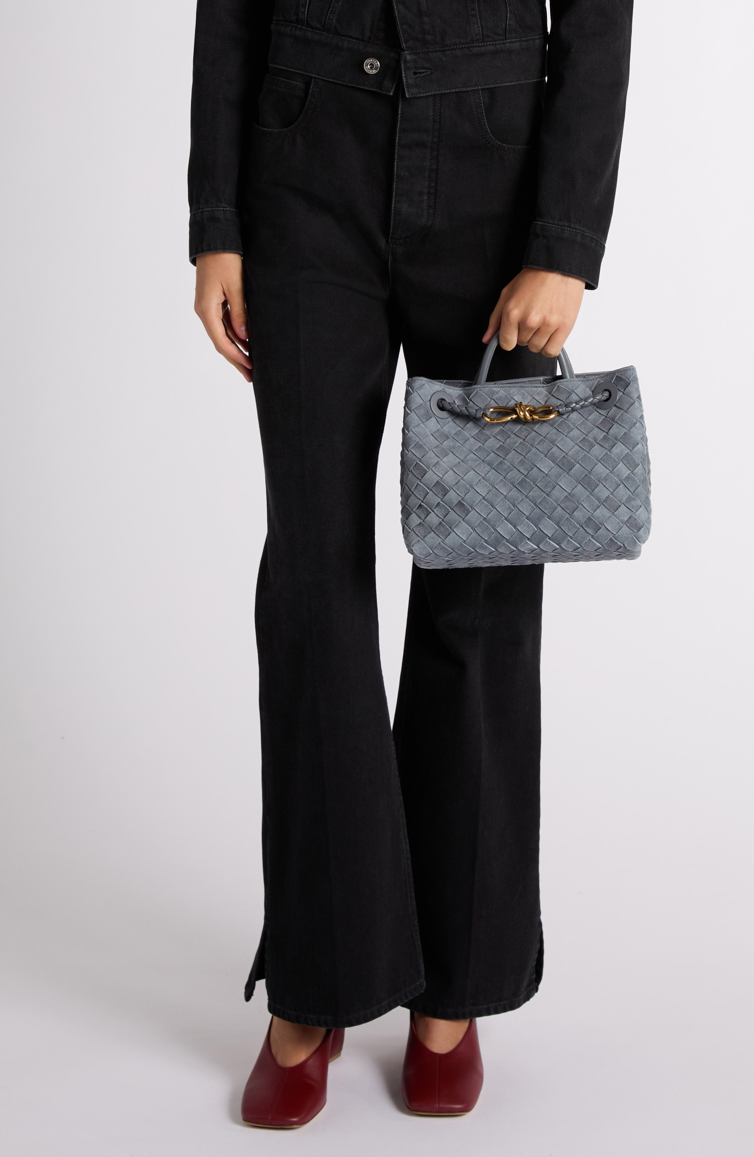 Bottega Veneta Small Andiamo Intrecciato Suede Top Handle Bag, Alternate, color, Cloudy Indigo