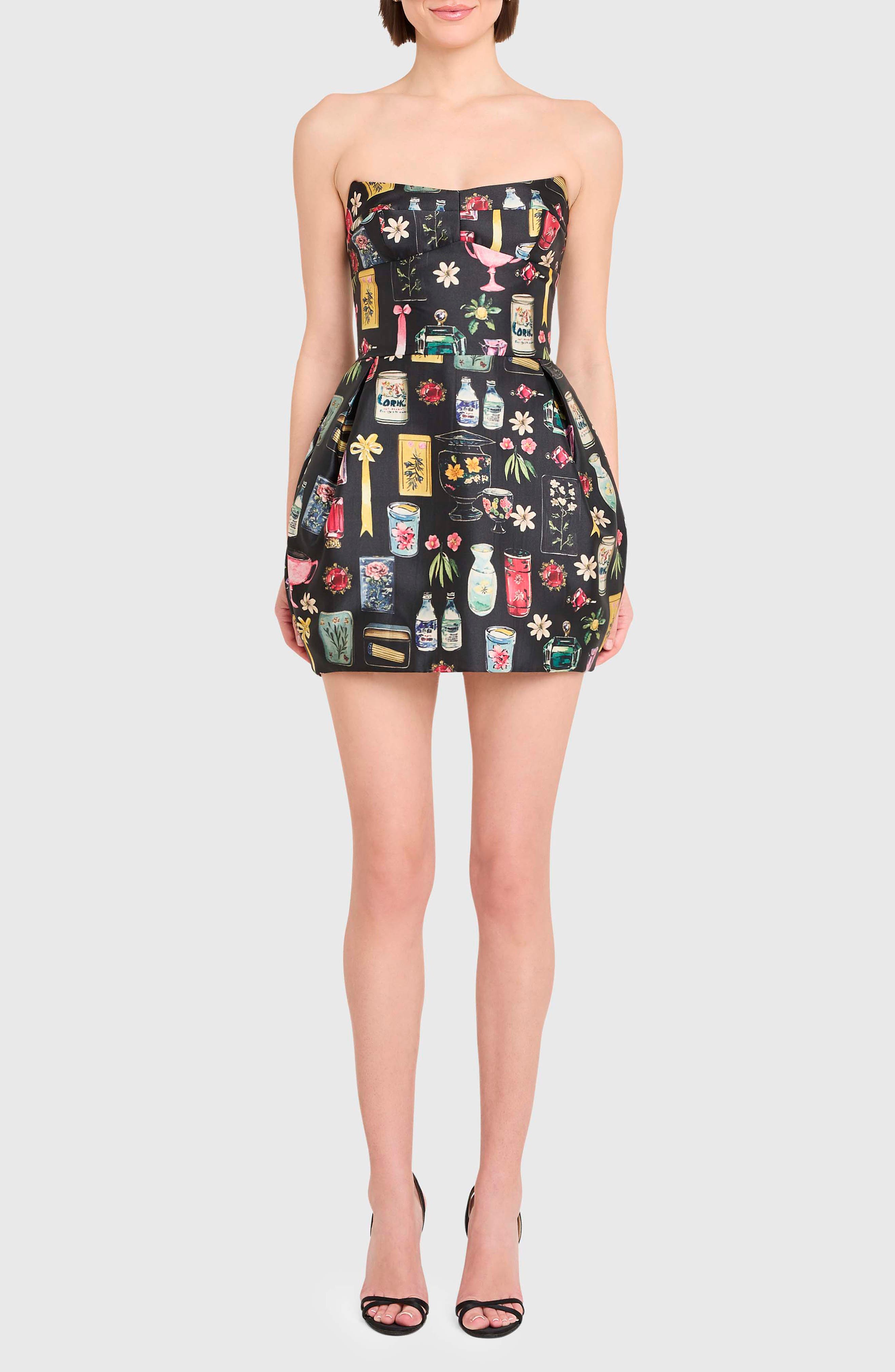 Amanda Uprichard Bowery Mixed Print Strapless Cocktail Minidress