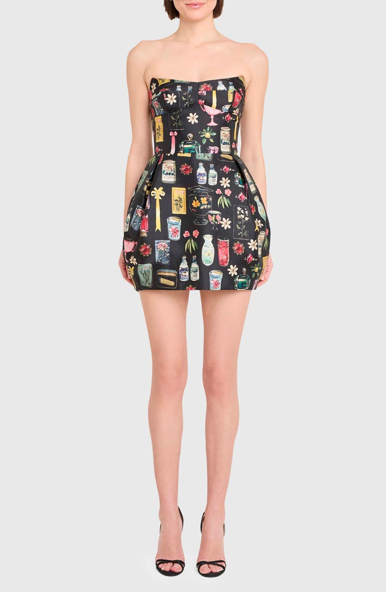 Amanda Uprichard Bowery Mixed Print Strapless Cocktail Minidress, Main, color, Black Tre Print