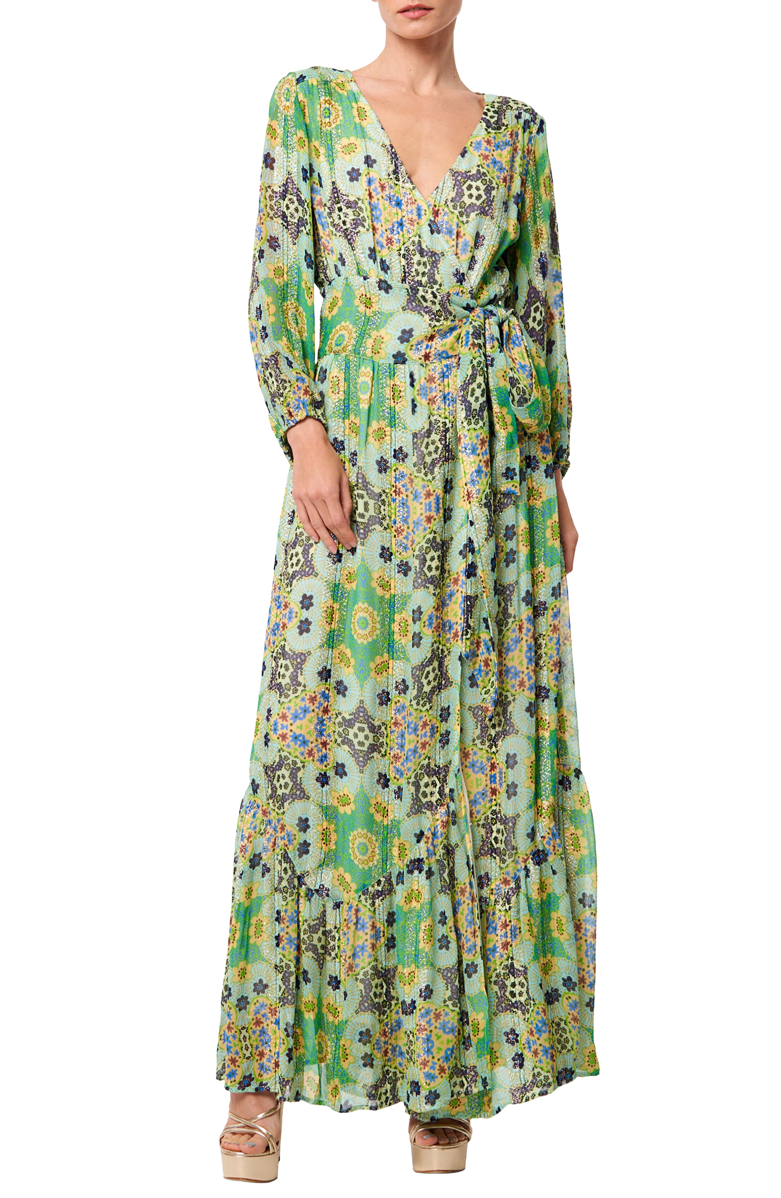 CIEBON Shani Metallic Floral Print Long Sleeve Wrap Dress