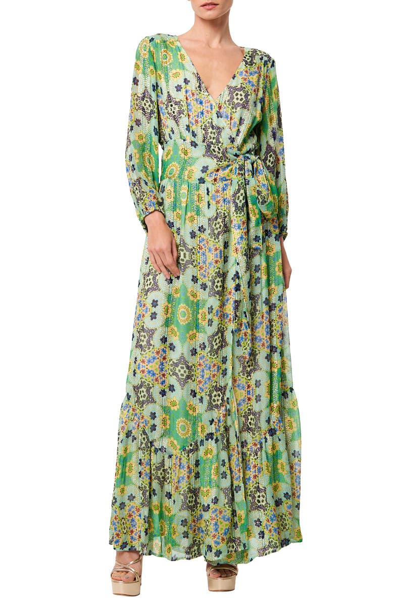 CIEBON Shani Metallic Floral Print Long Sleeve Wrap Dress, Main, color, Green Multi