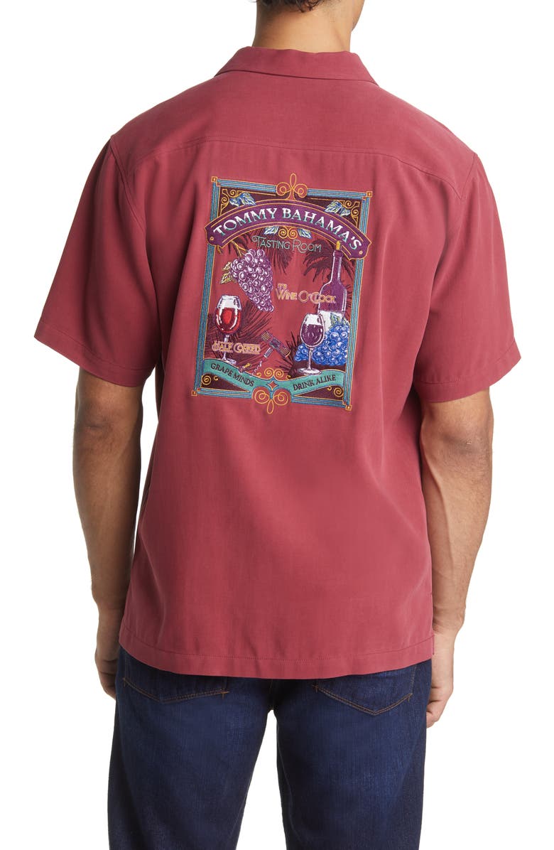 Tommy Bahama Grape Minds Drink Alike Short Sleeve Silk Button-Up Camp Shirt, Alternate, color, Dark Cherry