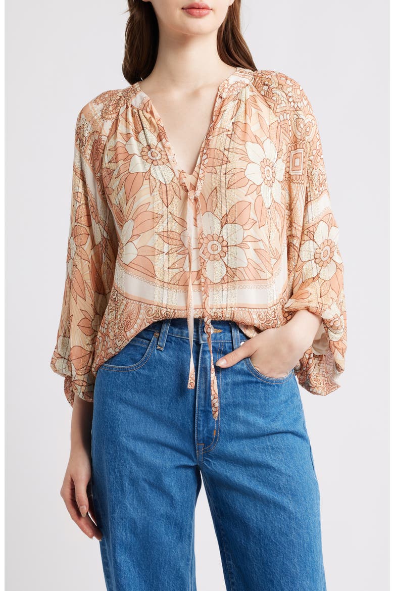 Gefina Floral Metallic Stripe Georgette Top, Main, color, TAUPE MULTI