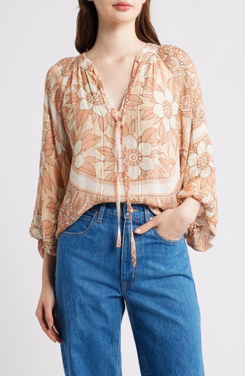 Gefina Floral Metallic Stripe Georgette Top