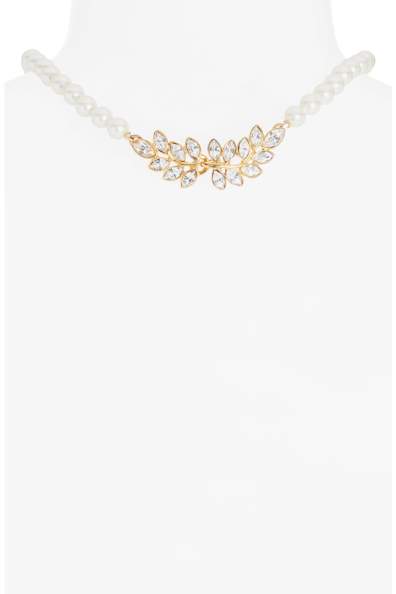 Crystal Leaf Faux Pearl Necklace, Alternate, color, GOLD