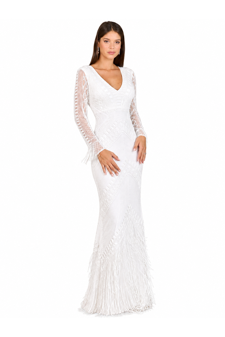 Long Sleeve Fringe Bridal Gown, Alternate, color, Ivory