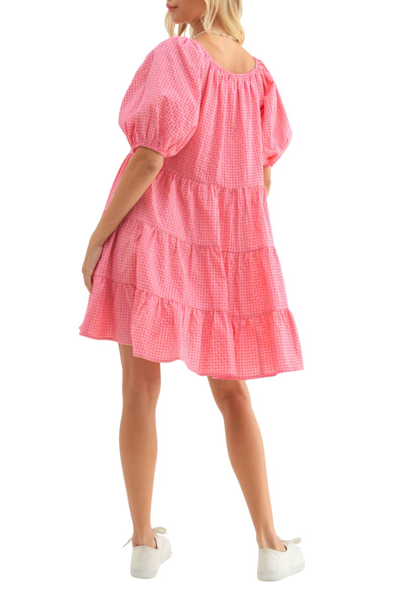 Plaid Puff Sleeve Cotton Blend Tiered Minidress, Alternate, color, PUNCH/ YELLOW