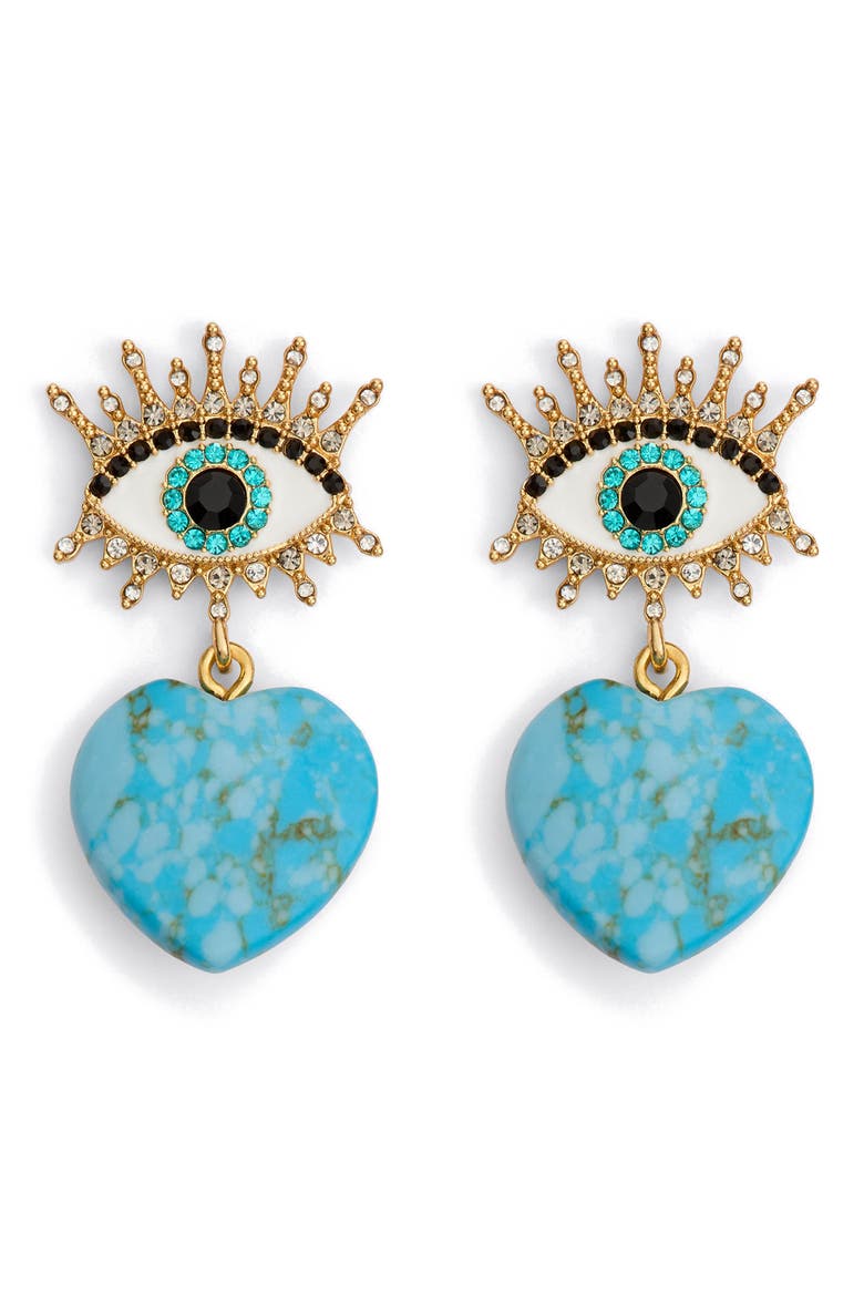 Evil Eye & Heart Drop Earrings, Main, color, TURQUOISE