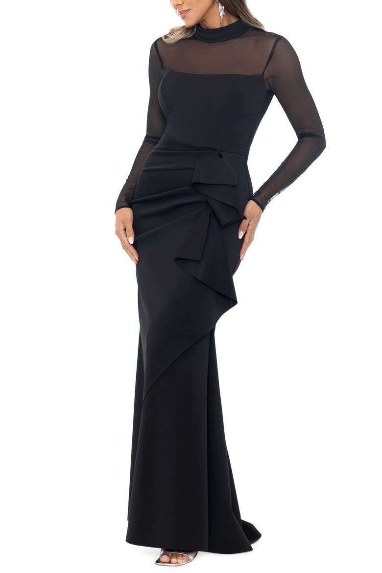 Side Ruched Illusion Sleeve Gown, Alternate, color, BLACK