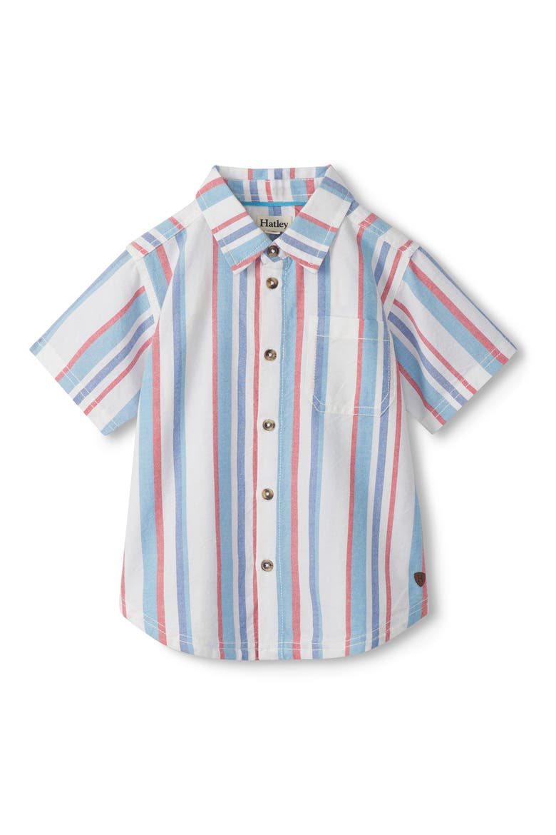 Kids' Stripe Short Sleeve Cotton Button-Up Shirt, Main, color, WHITE