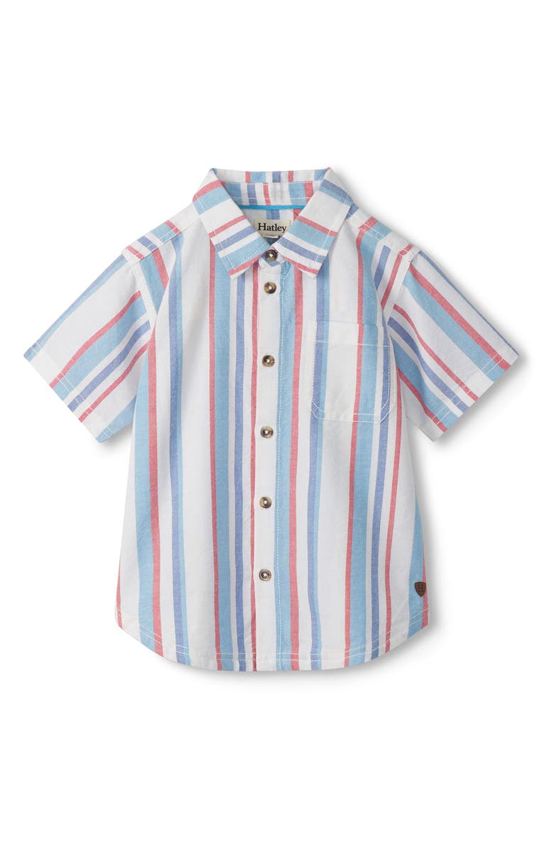 Hatley Kids' Stripe Short Sleeve Cotton Button-Up Shirt, Main, color, White