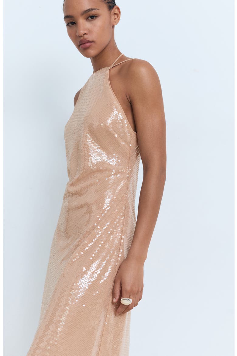 Sequin Halter Cocktail Dress, Alternate, color, BEIGE