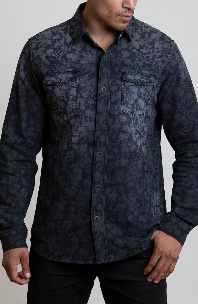 CANYON OF HEROES Skull Stretch Western Denim Shirt, Main, color, Black