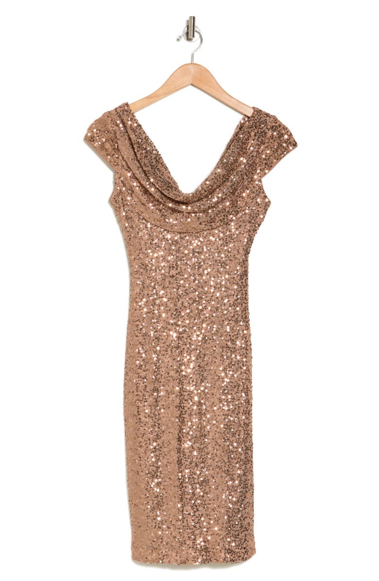 Vince Camuto Sequin Cowl Neck Cap Sleeve Cocktail Dress, Alternate, color, Bronze