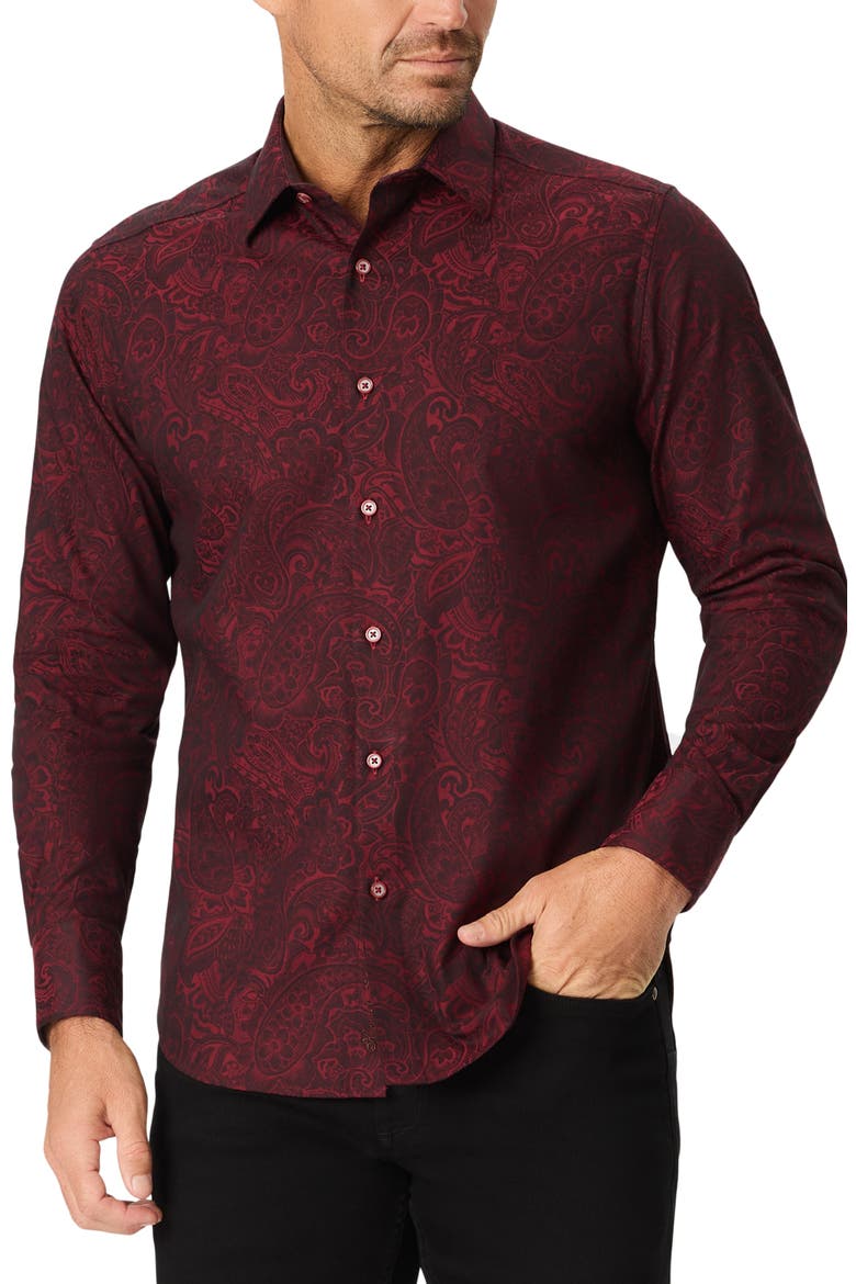 Hudson Paisley Stretch Cotton Button-Up Shirt, Main, color, BURGUNDY