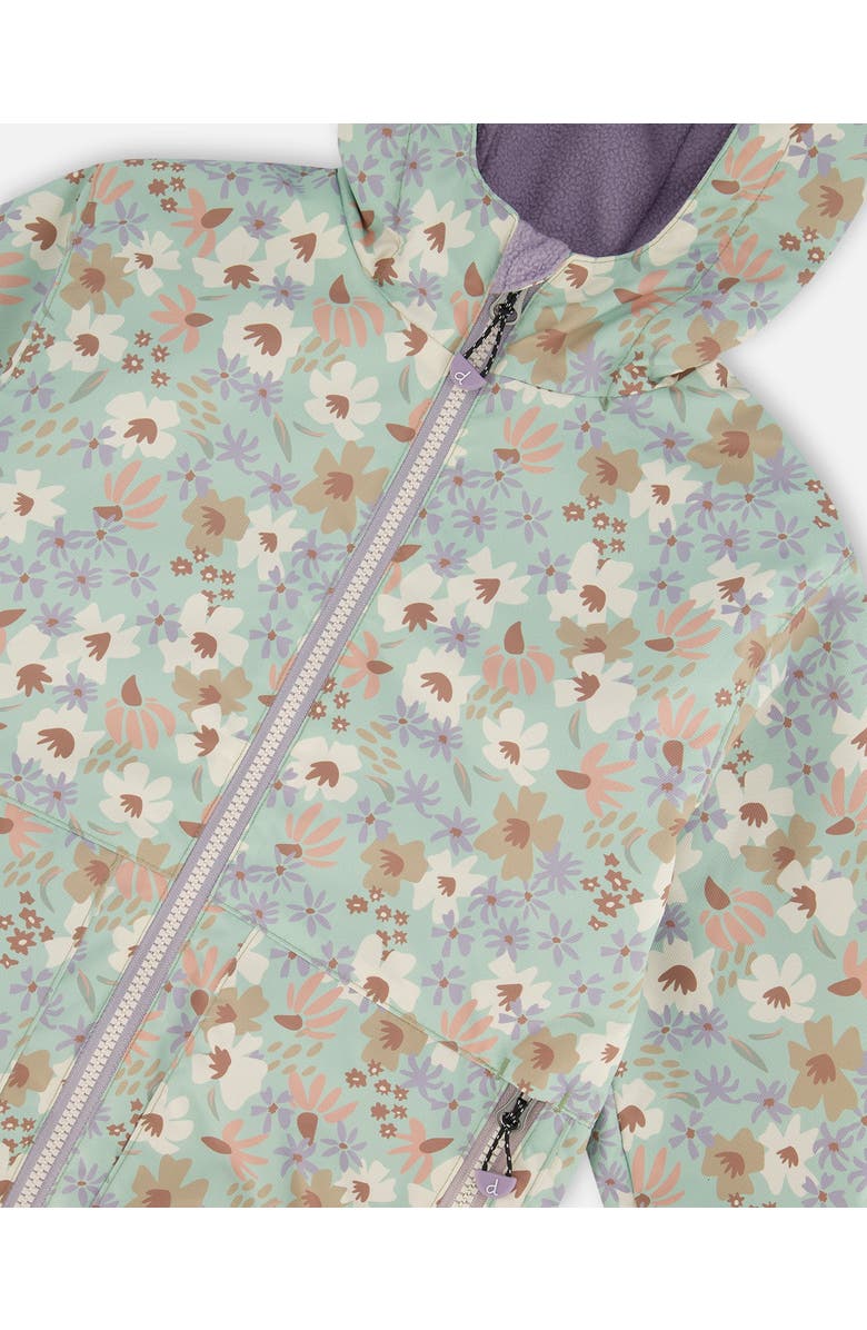 Deux par Deux Little Girl's Printed Jacket Two-Piece Mid-Season Outerwear Set Small White Flowers On Turquoise And Lilac., Alternate, color,