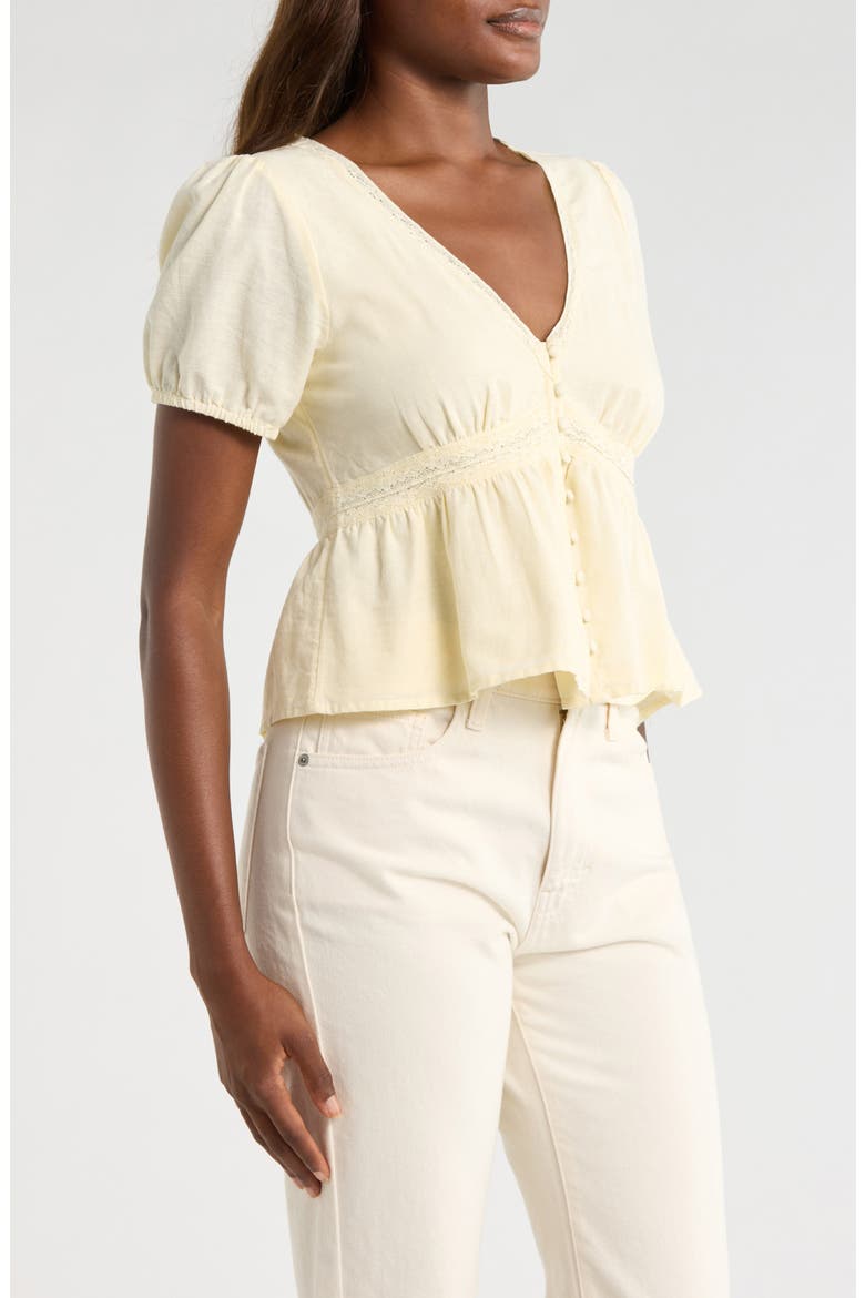 Lace Detail Linen Blend Peplum Top, Alternate, color, PASTEL YELLOW