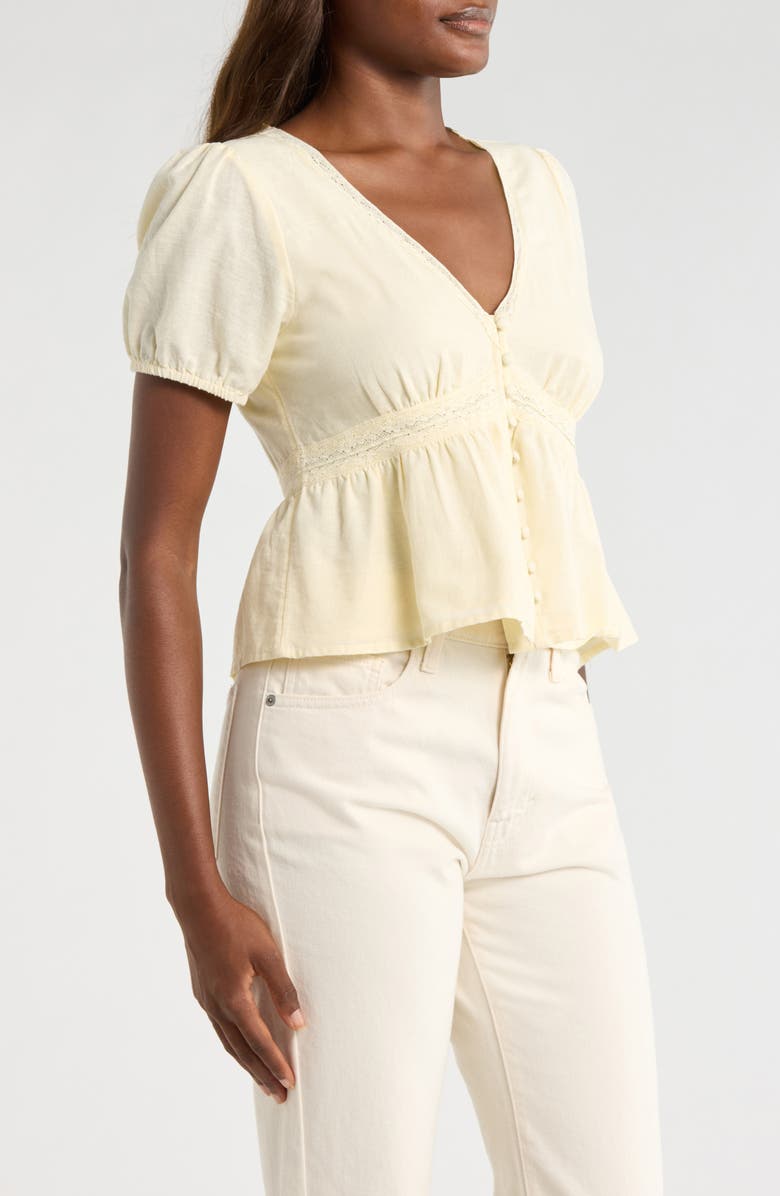 Lucky Brand Lace Detail Linen Blend Peplum Top, Alternate, color, Pastel Yellow