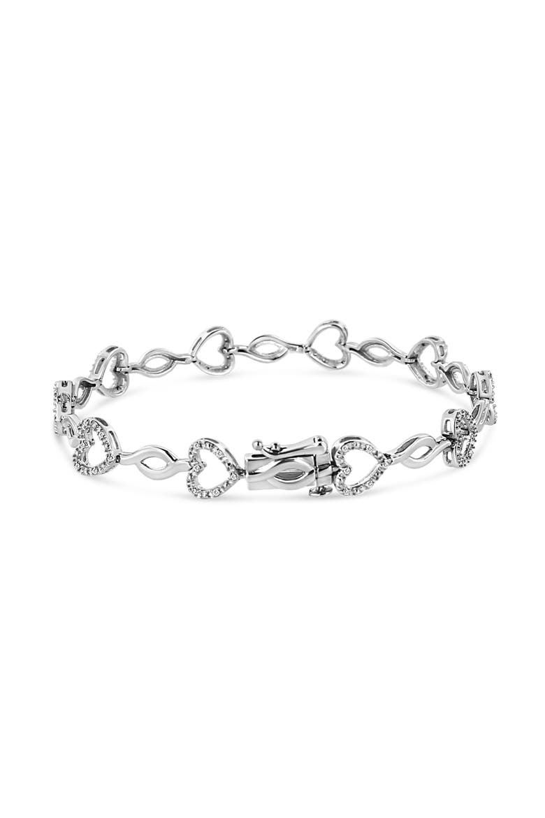 Silver 1/4 Cttw Round-Cut Diamond Alternating Heart and Leaf Link Bracelet, Alternate, color, White