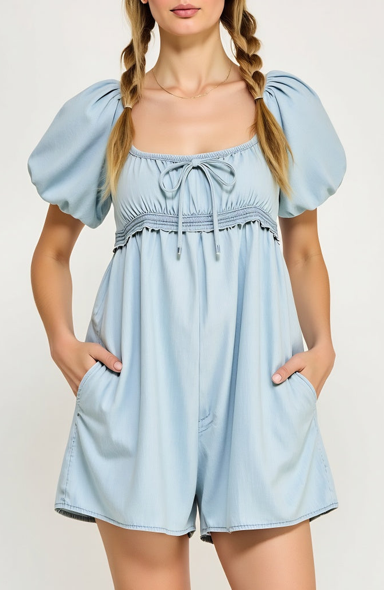Modenaire Puff Sleeve Romper with Tie Front and Relaxed Flowy Fit, Main, color, Light Blue