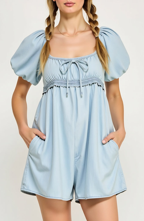 Puff Sleeve Romper with Tie Front and Relaxed Flowy Fit