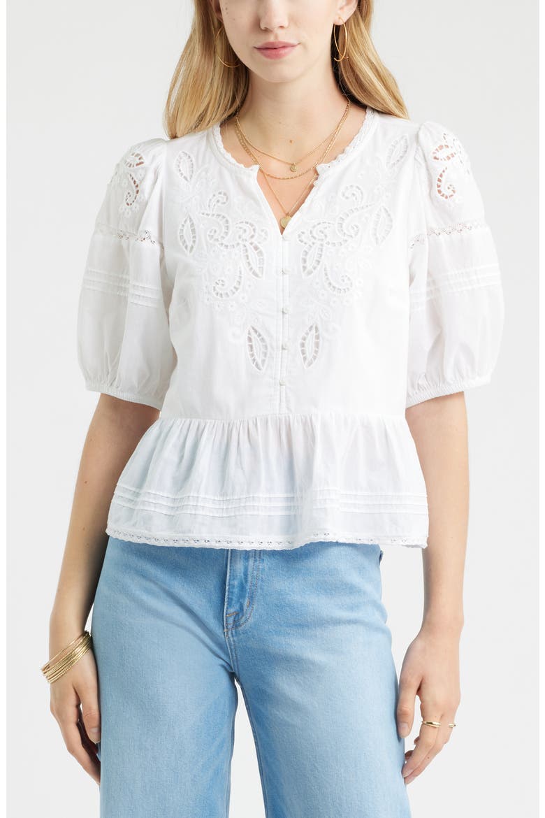 Cutwork Puff Sleeve Cotton Top, Main, color, WHITE