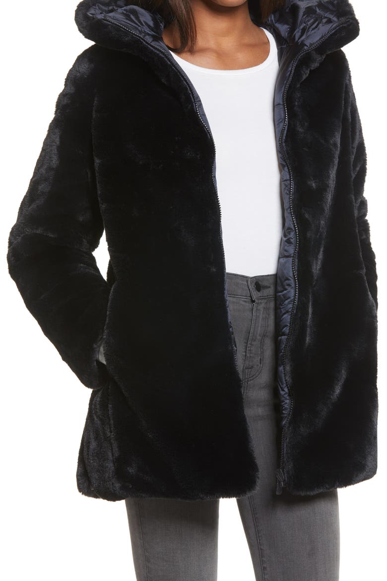 Waterproof Reversible Hooded Faux Fur Coat, Main, color, 01 BLACK
