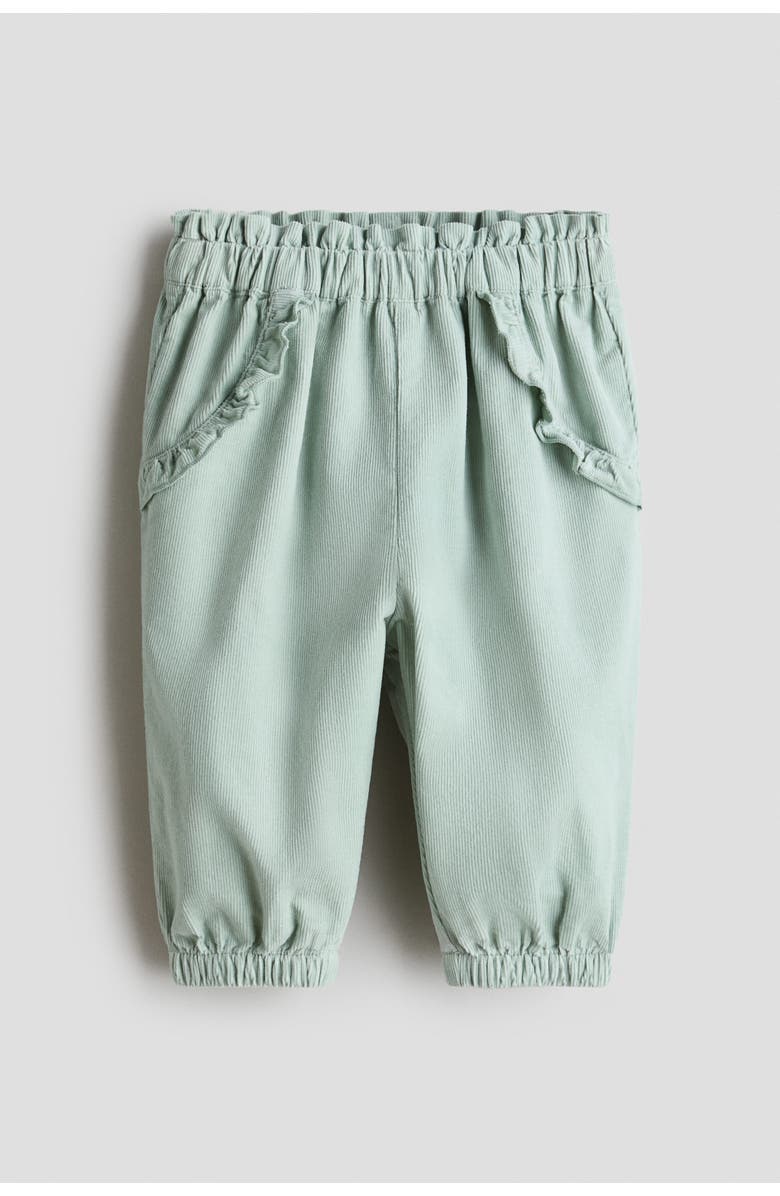 H&M Frill-trimmed Corduroy Trousers, Main, color, Light Dusty Green