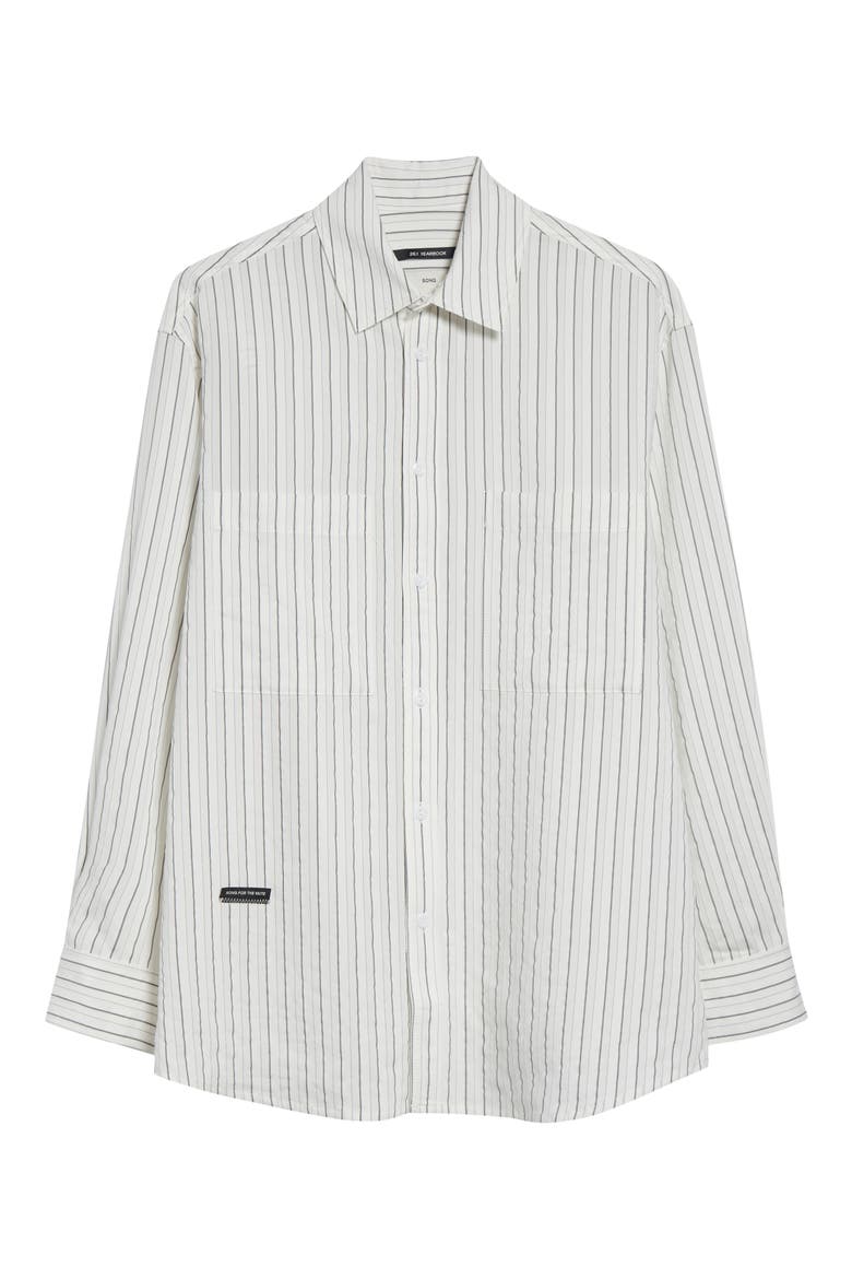 Pleated Boxy Stripe Dobby Button-Up Shirt, Alternate, color, WHITE