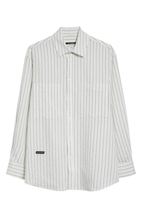 Pleated Boxy Stripe Dobby Button-Up Shirt