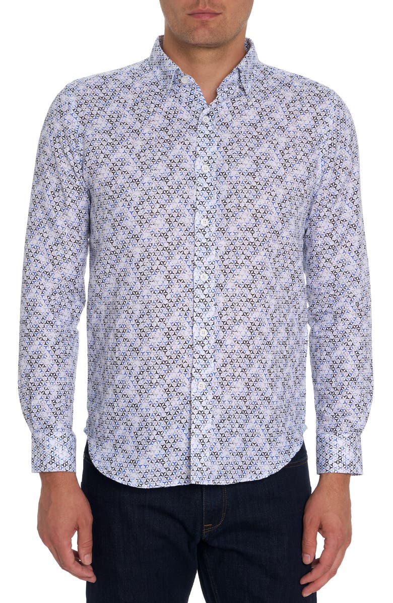Robert Graham Wyndham Geo Print Linen & Cotton Button-Up Shirt, Main, color,