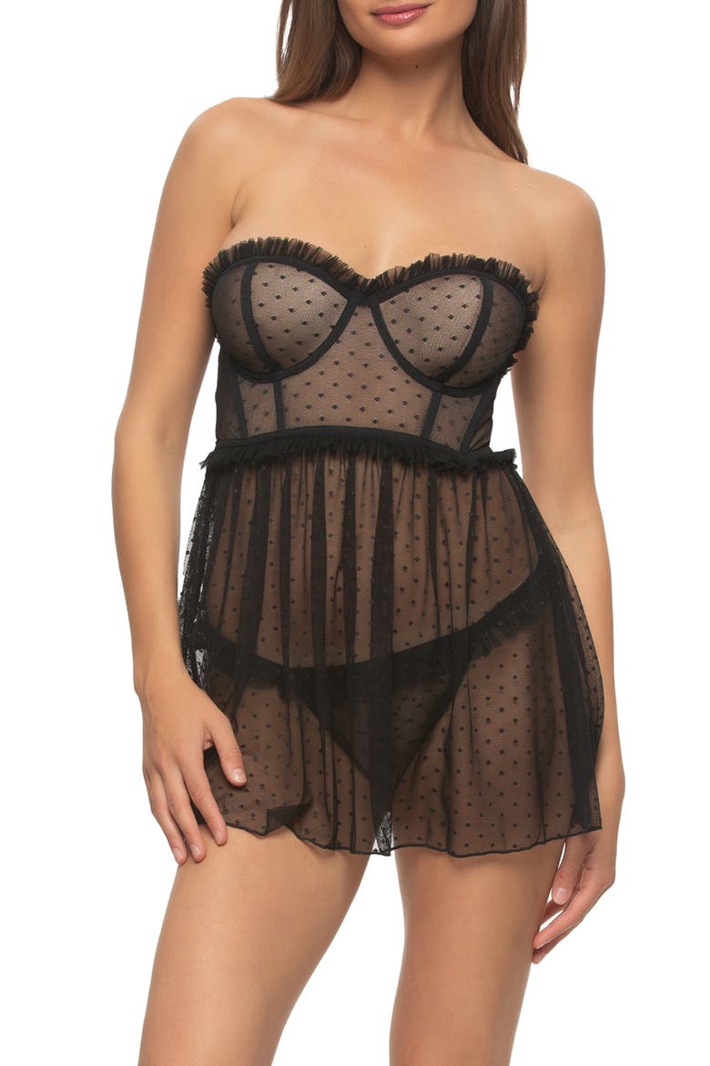 Margot Open Back Point d'Esprit Babydoll Chemise & Thong Set, Main, color, BLACK