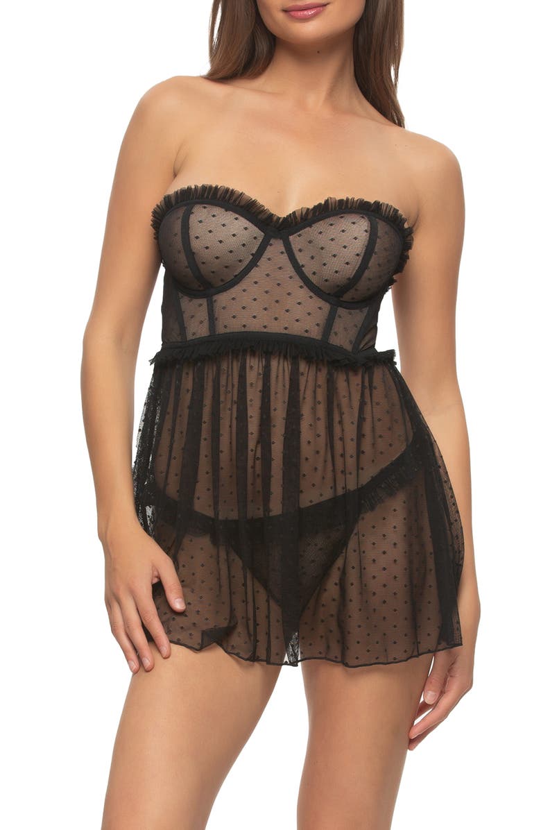 Black Bow Margot Open Back Point d'Esprit Babydoll Chemise & Thong Set, Main, color, Black