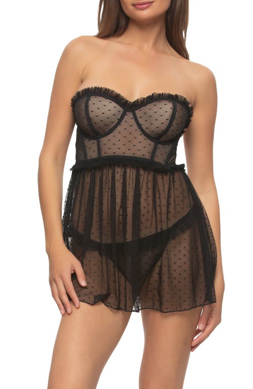 Black Bow Margot Open Back Point D'esprit Babydoll Chemise & Thong Set In Black