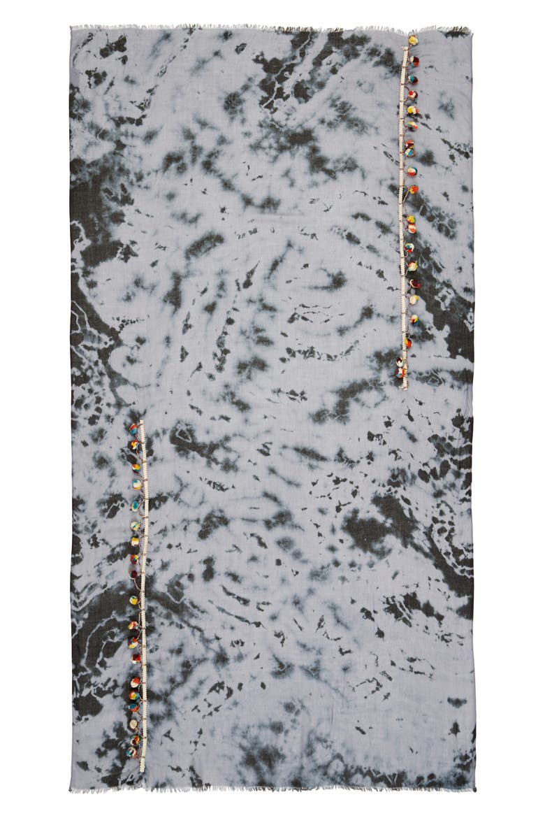 Pom Pom Trim Scarf, Alternate, color, IVORY BLACK